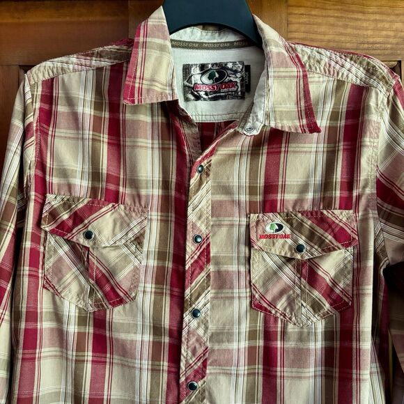 Mossy Oak Shirt Men's Size Large Red Brown Plaid Western Pearl Snaps Cowboy Hunt - Picture 2 of 8
